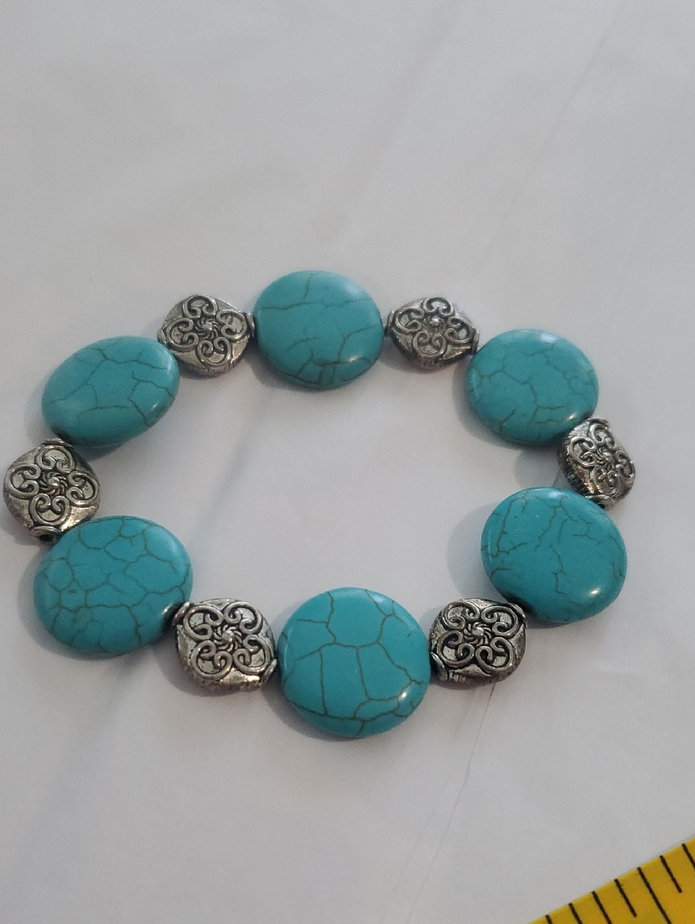 Turquoise Stone Stretch Bracelet with Silver Accents